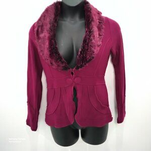 Roz & Ali Magenta Maroon Long Sleeve Peplum Faux Fur Collar Sweater Blazer NWOT